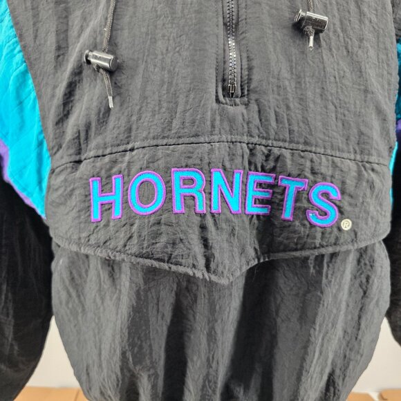 VTG 90s NBA CHARLOTTE HORNETS STARTER PUFFER JACKET PULLOVER SIZE L BLACK - Picture 6 of 15